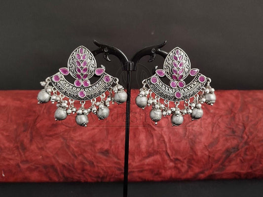 Ruby and Silver Ball Oxidised Earrings. - swadeshsouq.com