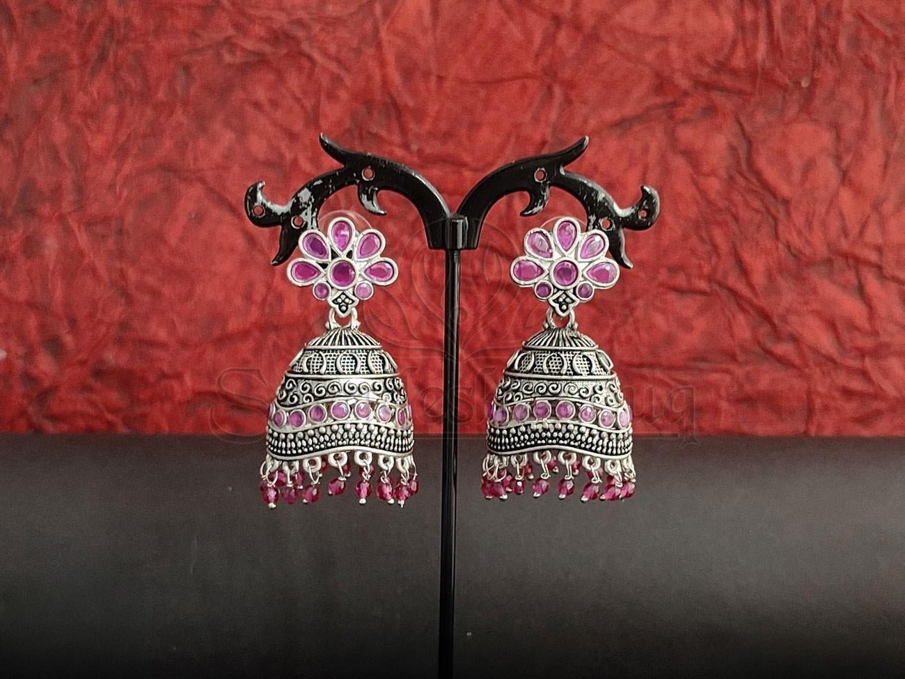 Ruby Embossed Oxidised Silver Jhumkas. - swadeshsouq.com