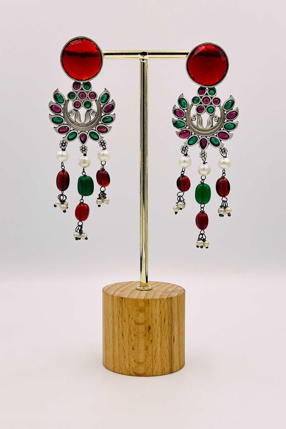 Ruby & Emerald Radiance: Silver Dangler Earrings with Red and Green Stones - swadeshsouq.com