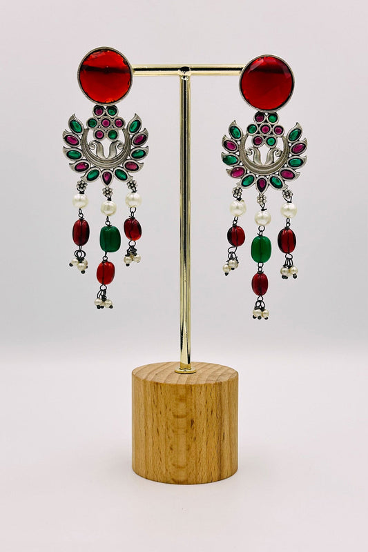 Ruby & Emerald Radiance: Silver Dangler Earrings with Red and Green Stones - swadeshsouq.com