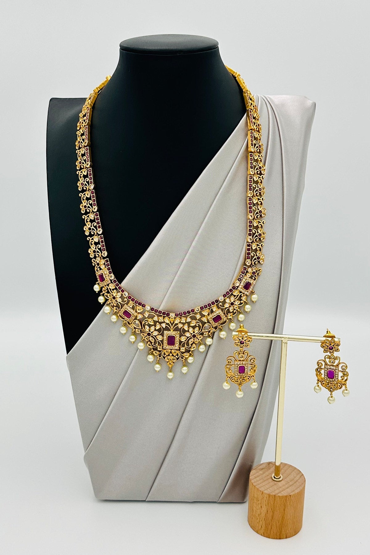 Ruby Radiance: Long Necklace Ensemble with CZ & Ruby Brilliance - swadeshsouq.com