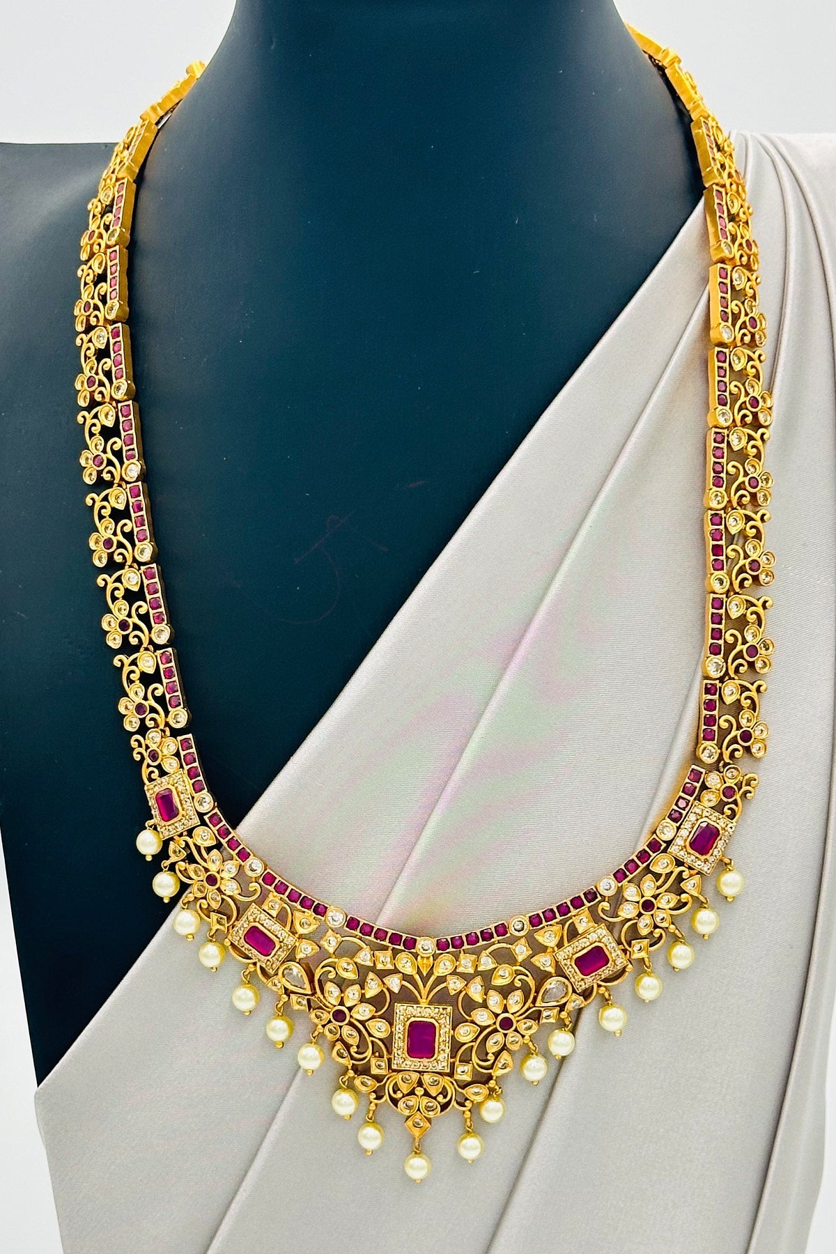 Ruby Radiance: Long Necklace Ensemble with CZ & Ruby Brilliance - swadeshsouq.com