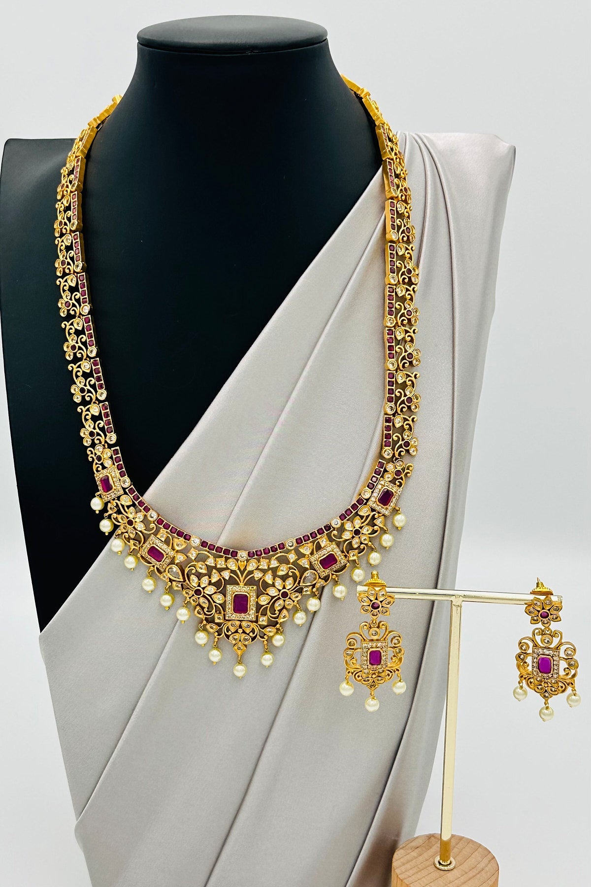 Ruby Radiance: Long Necklace Ensemble with CZ & Ruby Brilliance - swadeshsouq.com