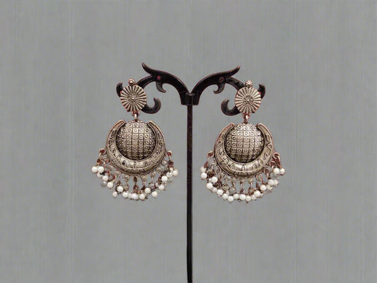 Rustic Elegance - Intricately Crafted Oxidised Silver Earrings Adorned with Luminous Pearls. - swadeshsouq.com