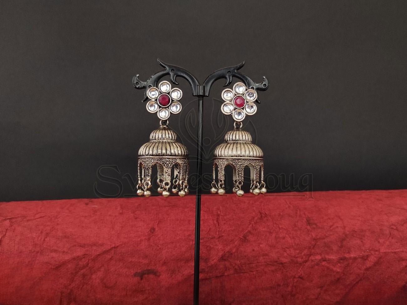 Rustic Glam Kundan and Oxidized Silver Earrings. - swadeshsouq.com