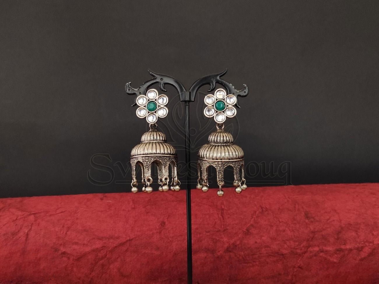 Rustic Glam Kundan and Oxidized Silver Earrings. - swadeshsouq.com