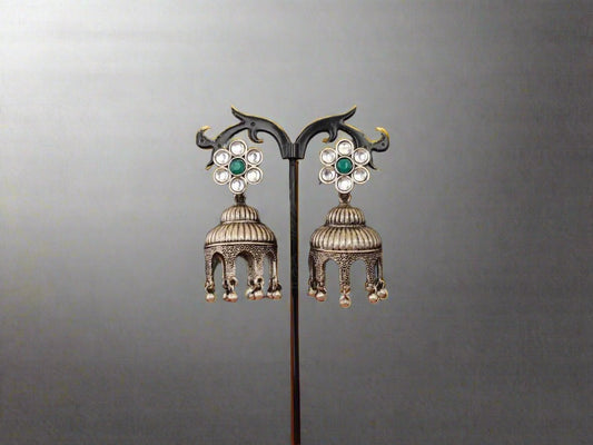 Rustic Glam Kundan and Oxidized Silver Earrings. - swadeshsouq.com