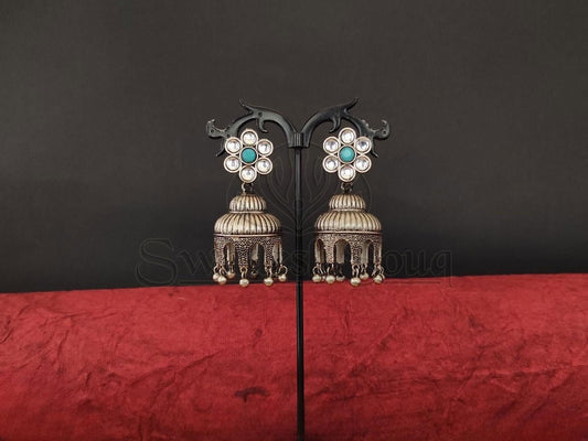 Rustic Glam Kundan and Oxidized Silver Earrings. - swadeshsouq.com