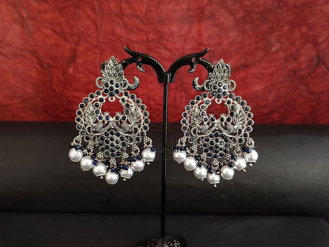 Sapphire Blue Stones Chandbali Earrings in Oxidised Silver. - swadeshsouq.com