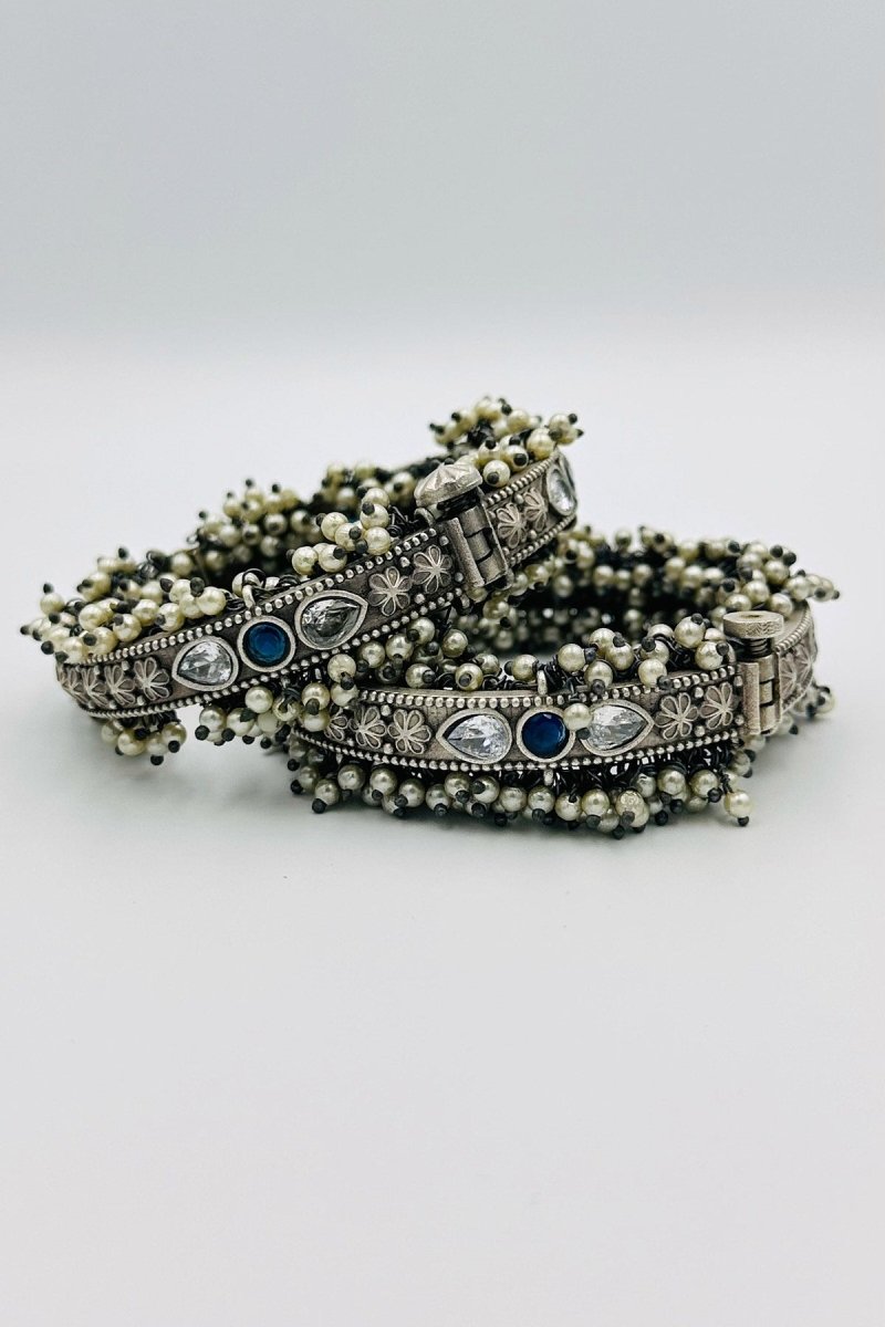 Sapphire Serenity: Blue and White Stone Silver Bangles with Pearls - swadeshsouq.com