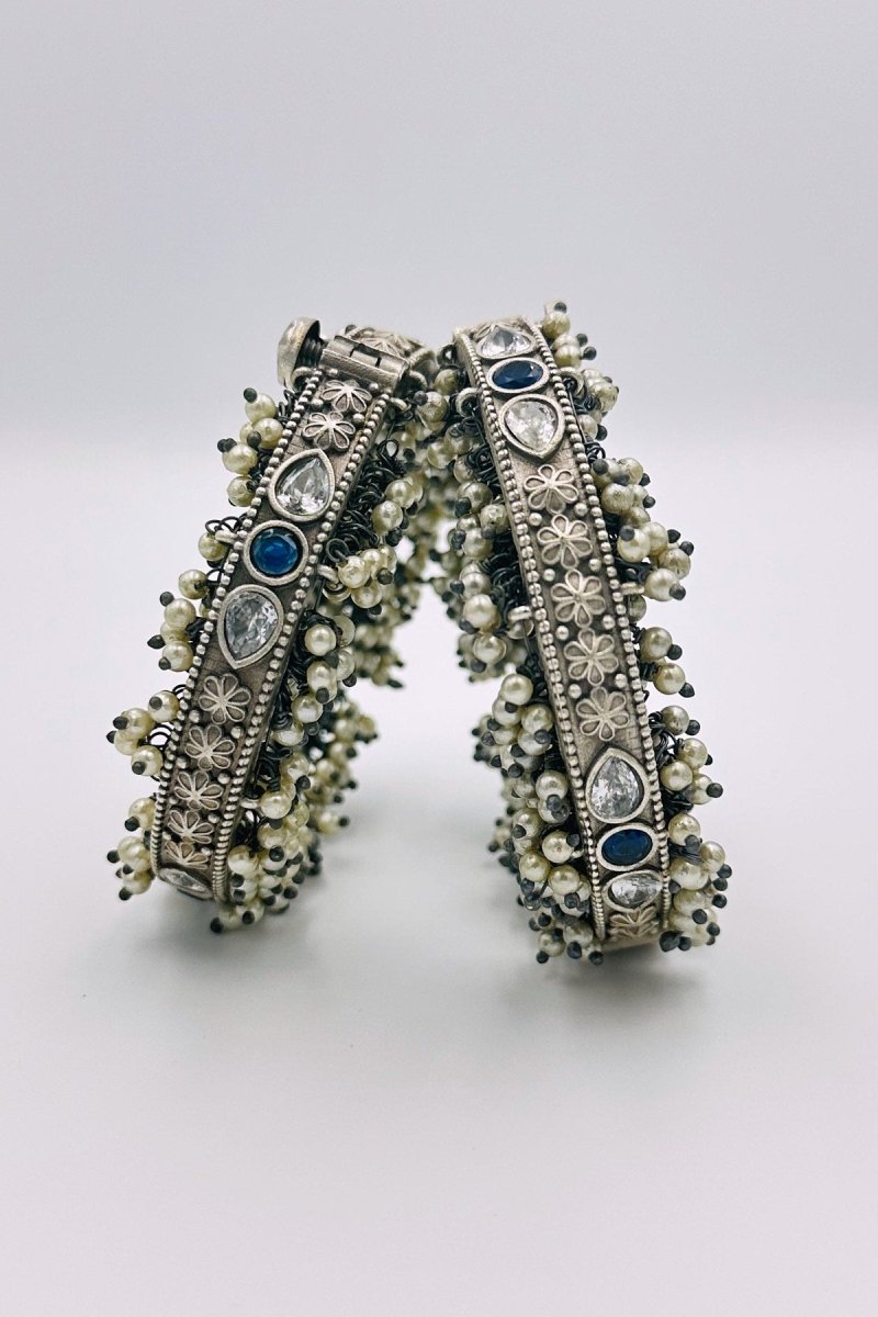 Sapphire Serenity: Blue and White Stone Silver Bangles with Pearls - swadeshsouq.com