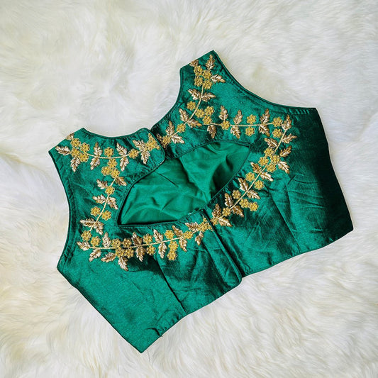 Shine Bright in a Green Raw Silk Blouse with Golden Zardosi Work. - swadeshsouq.com