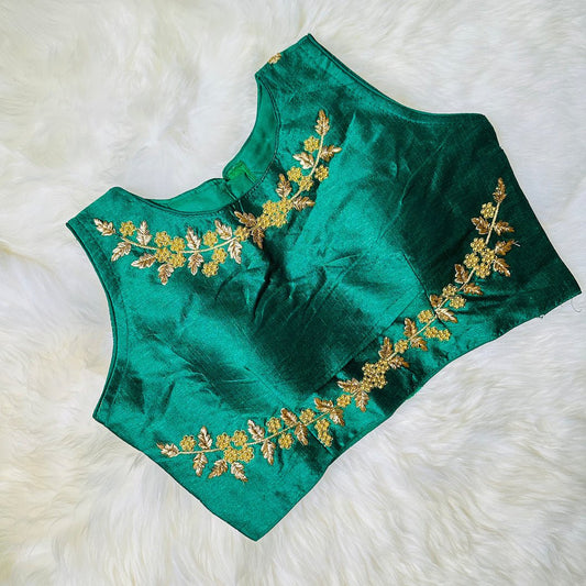 Shine Bright in a Green Raw Silk Blouse with Golden Zardosi Work. - swadeshsouq.com