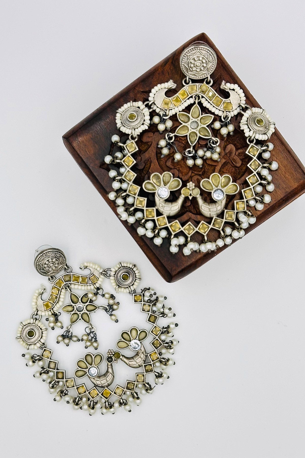 Silver Chandbali Earrings with Pearls and Yellow Stones - swadeshsouq.com