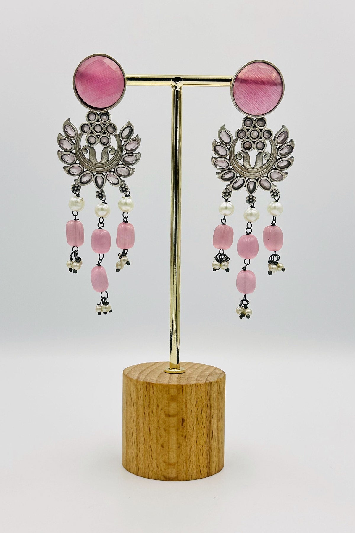 Silver Dangler Earrings with Baby Pink Stones - swadeshsouq.com