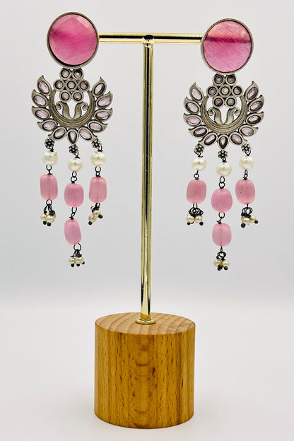 Silver Dangler Earrings with Baby Pink Stones - swadeshsouq.com