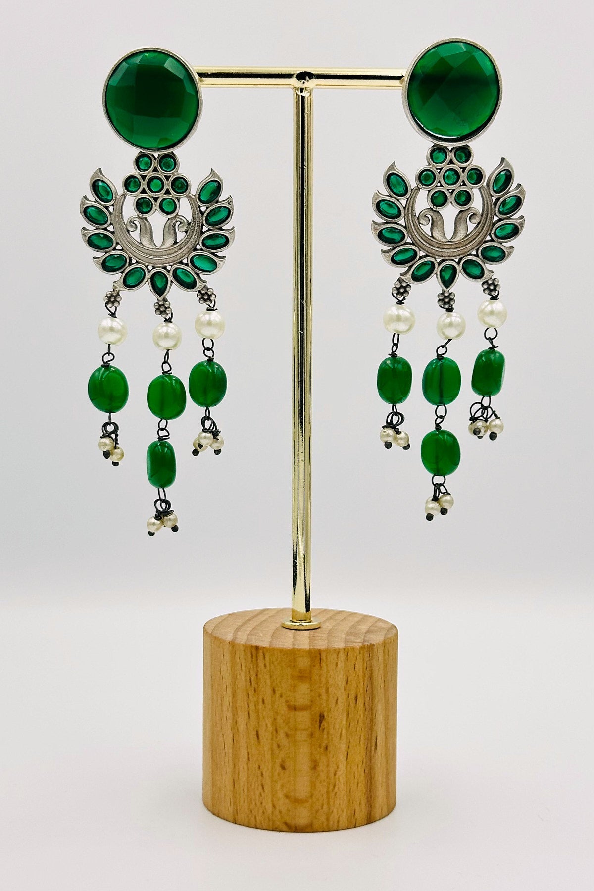 Silver Dangler Earrings with Green Floral Elegance - swadeshsouq.com