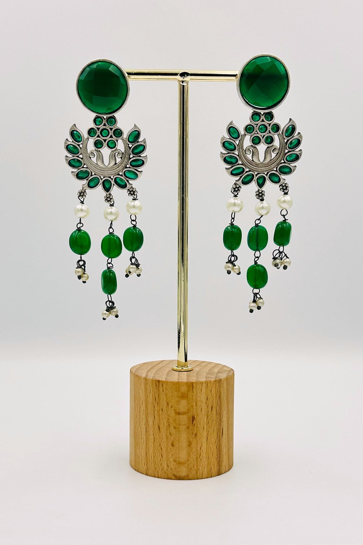 Silver Dangler Earrings with Green Floral Elegance - swadeshsouq.com