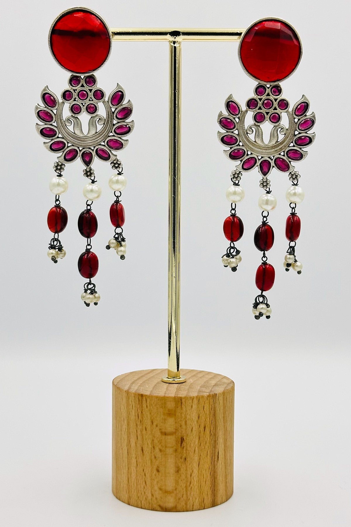 Silver Dangler Earrings with Red Accents - swadeshsouq.com