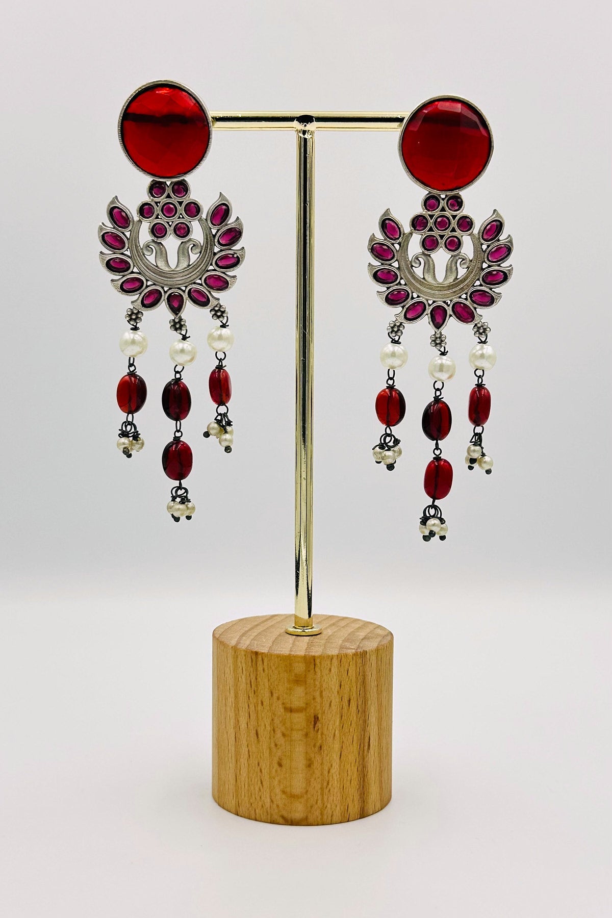 Silver Dangler Earrings with Red Accents - swadeshsouq.com