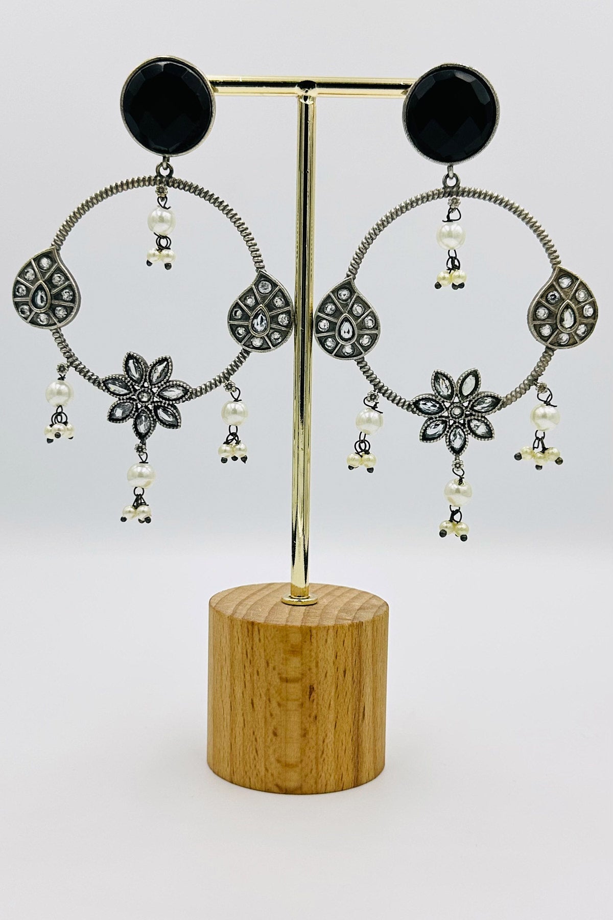 Silver Danglers in Elegant Black Floral Design - swadeshsouq.com