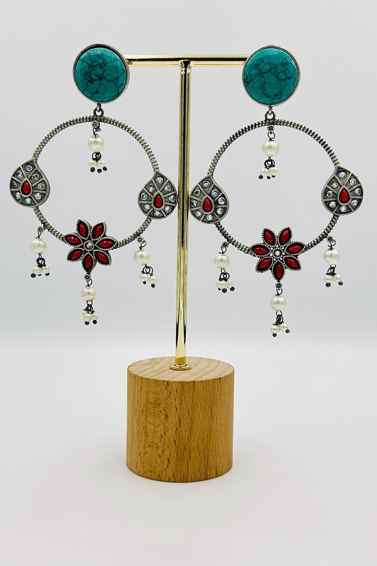 Silver Danglers in Enchanting Feroza and Passionate Red Floral Design - swadeshsouq.com