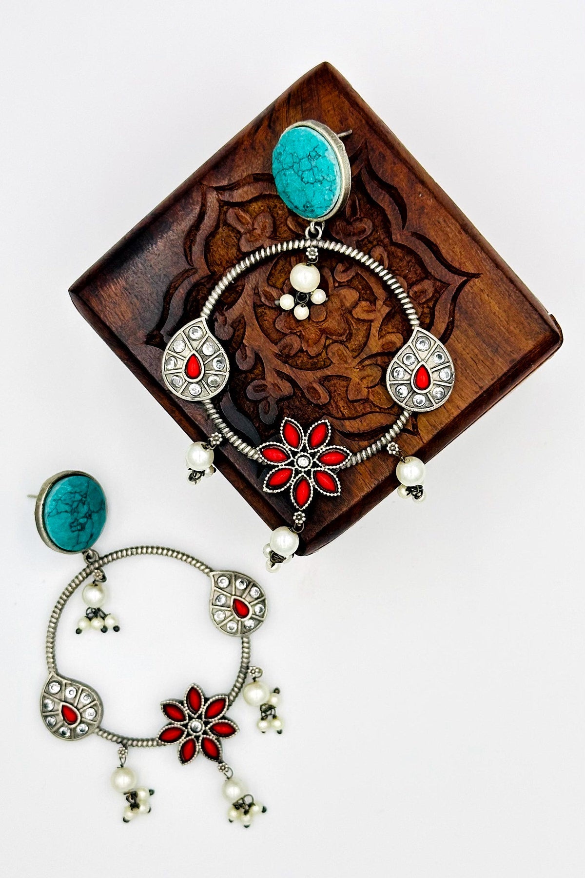 Silver Danglers in Enchanting Feroza and Passionate Red Floral Design - swadeshsouq.com