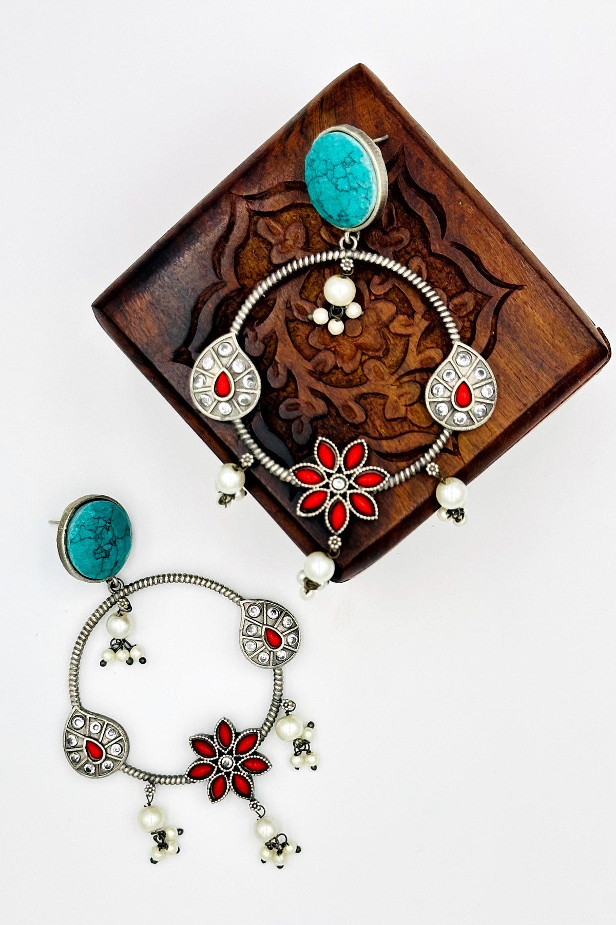 Silver Danglers in Enchanting Feroza and Passionate Red Floral Design - swadeshsouq.com