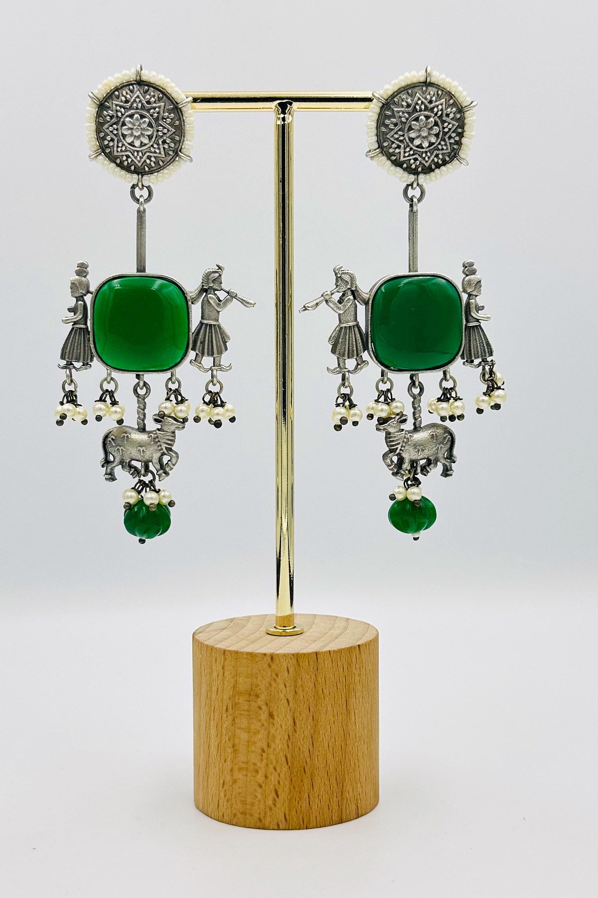 Silver Danglers with Cow and Musicians - swadeshsouq.com