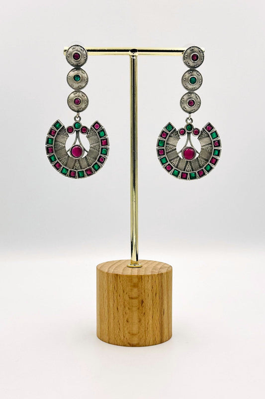 Silver Danglers with Striking Red and Lush Green Earrings - swadeshsouq.com