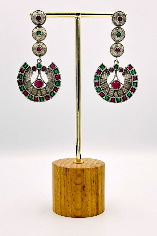 Silver Danglers with Striking Red and Lush Green Earrings - swadeshsouq.com