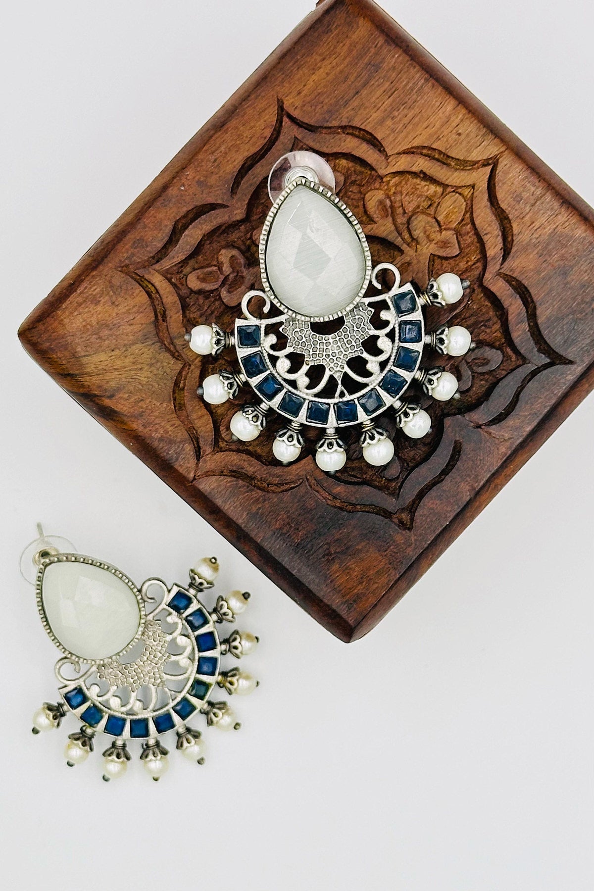 Silver Earrings Adorned with Intricate Blue and White Pearls and Stones - swadeshsouq.com