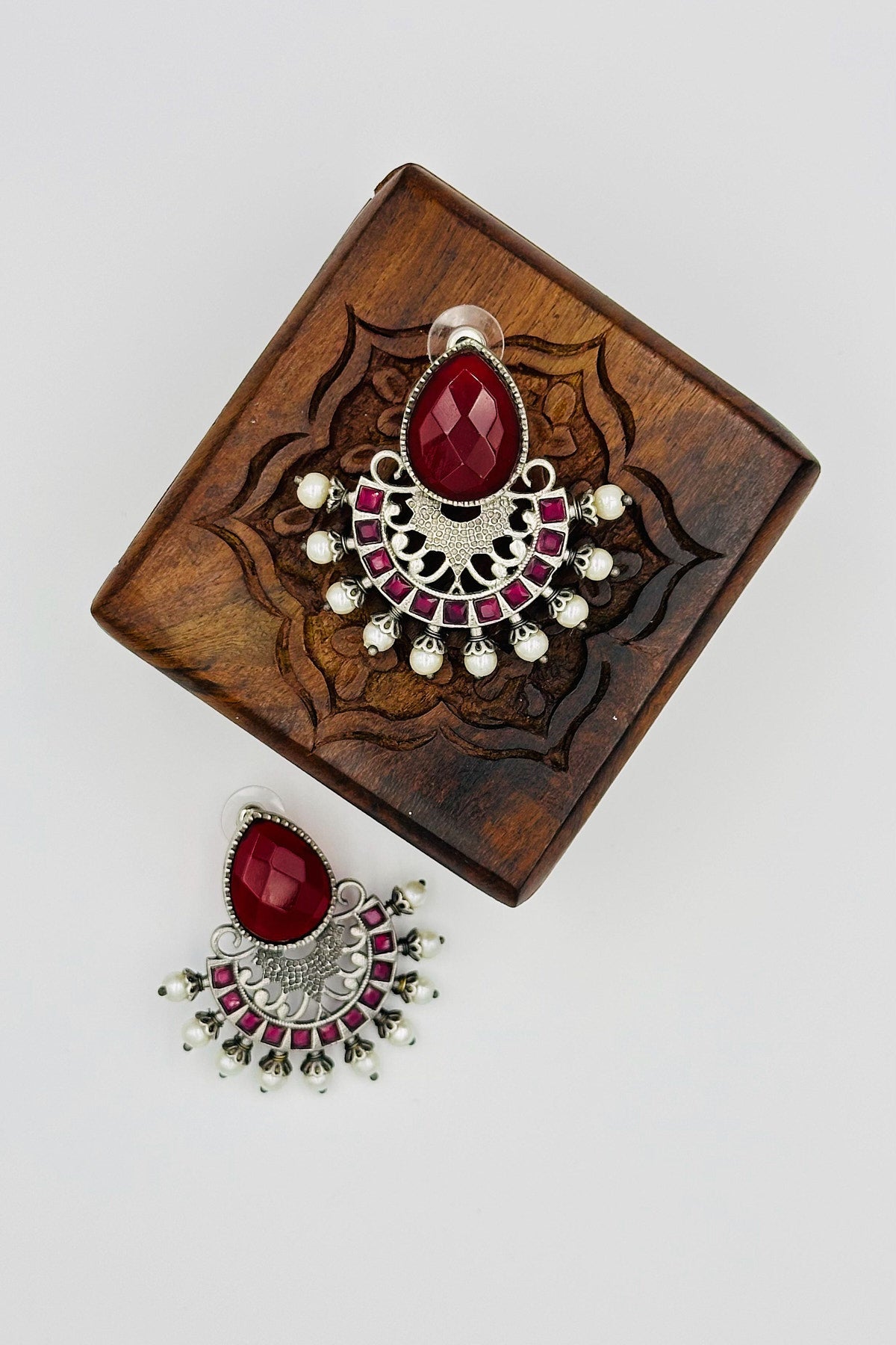 Silver Earrings Adorned with Intricate Deep Red Pearls and Stones - swadeshsouq.com