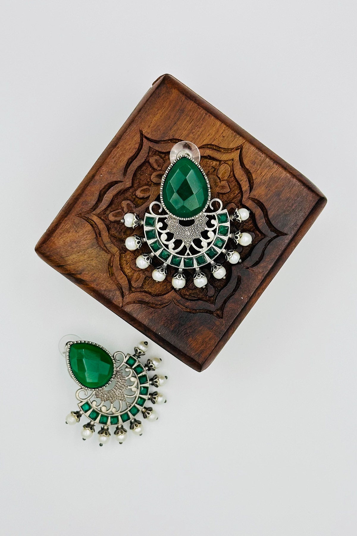 Silver Earrings Adorned with Intricate Green Pearls and Stones - swadeshsouq.com