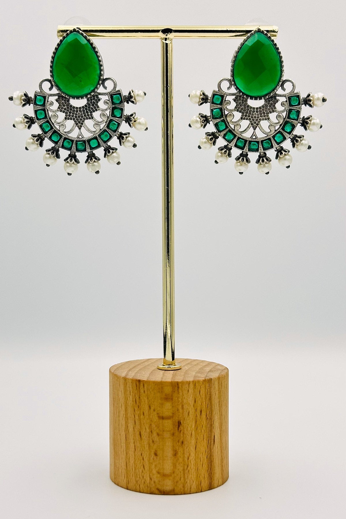 Silver Earrings Adorned with Intricate Green Pearls and Stones - swadeshsouq.com