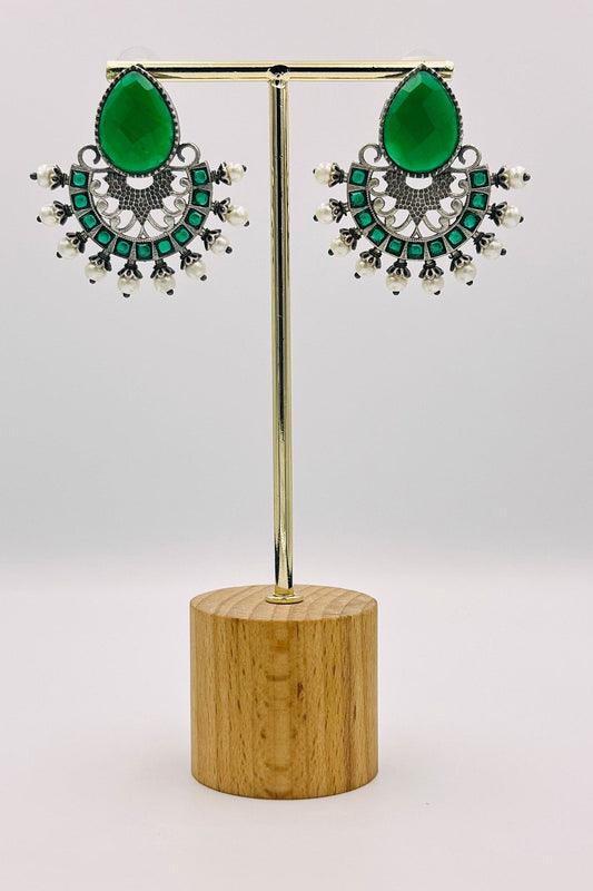 Silver Earrings Adorned with Intricate Green Pearls and Stones - swadeshsouq.com