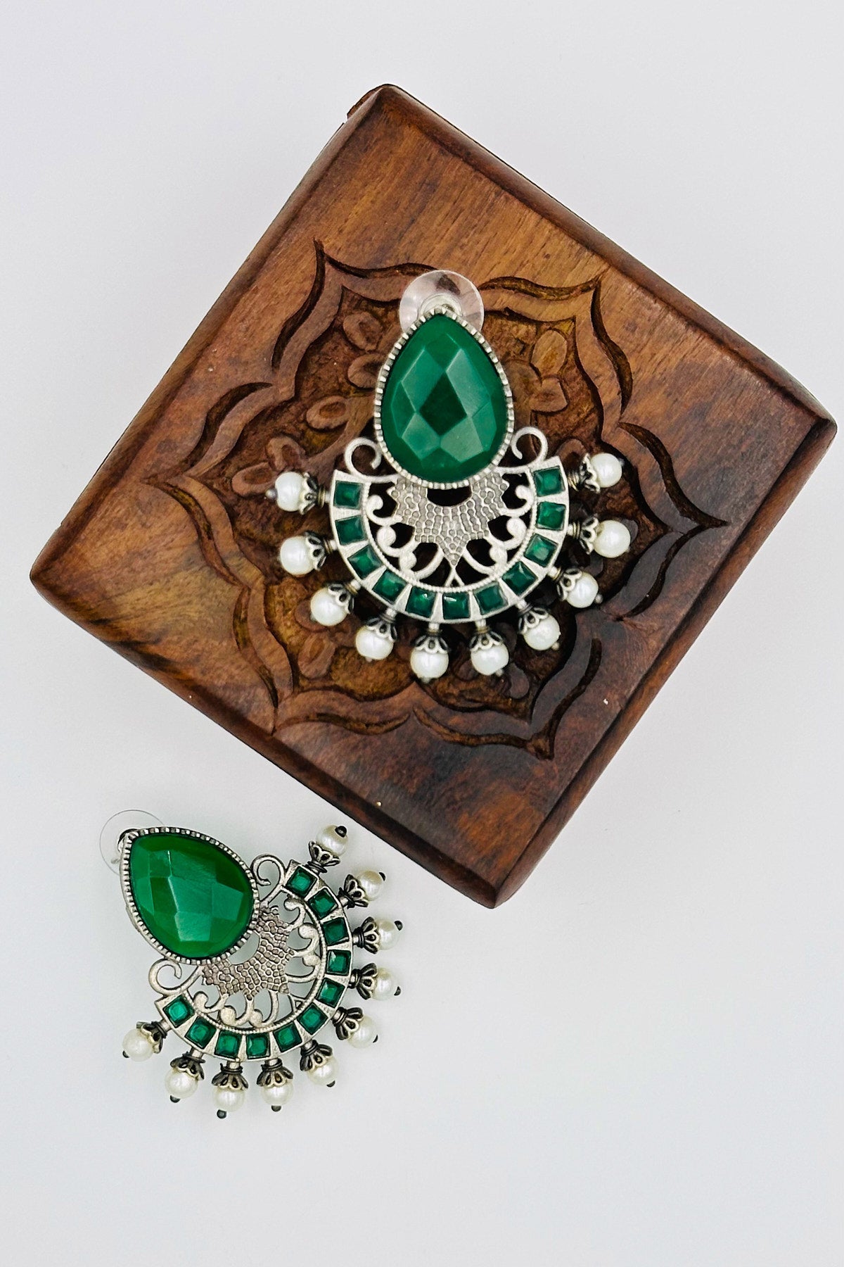 Silver Earrings Adorned with Intricate Green Pearls and Stones - swadeshsouq.com