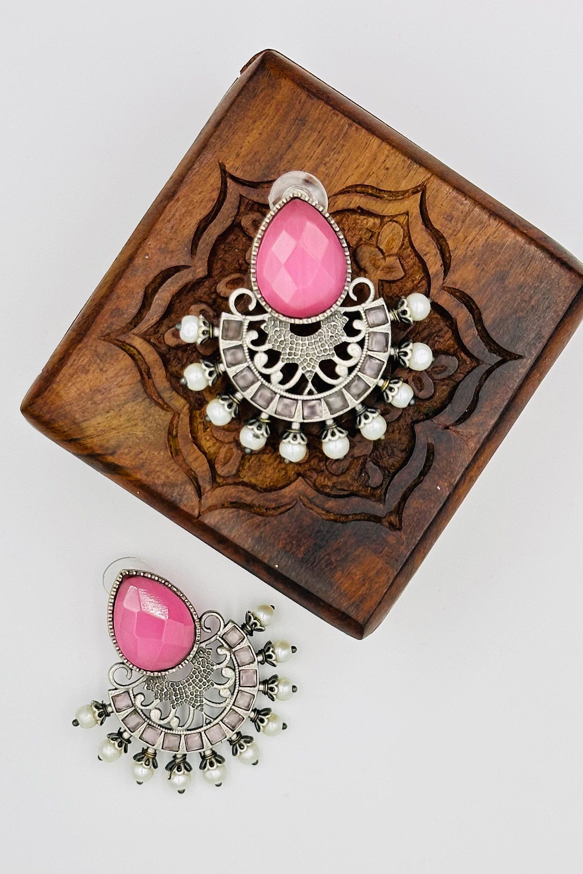 Silver Earrings Adorned with Intricate Pink Pearls and Stones - swadeshsouq.com