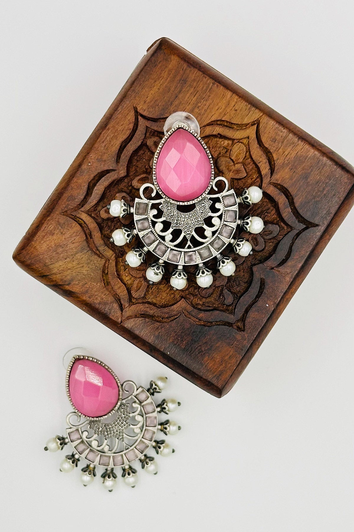 Silver Earrings Adorned with Intricate Pink Pearls and Stones - swadeshsouq.com