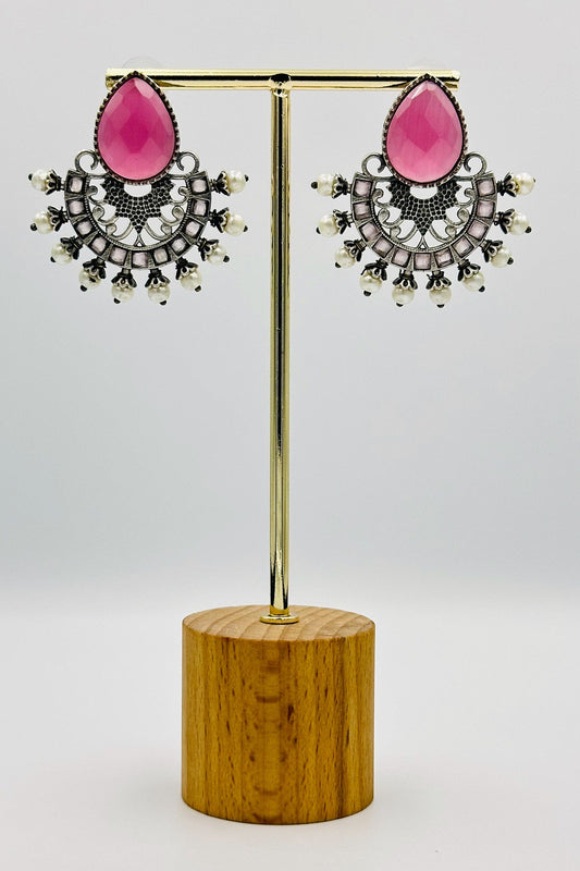 Silver Earrings Adorned with Intricate Pink Pearls and Stones - swadeshsouq.com