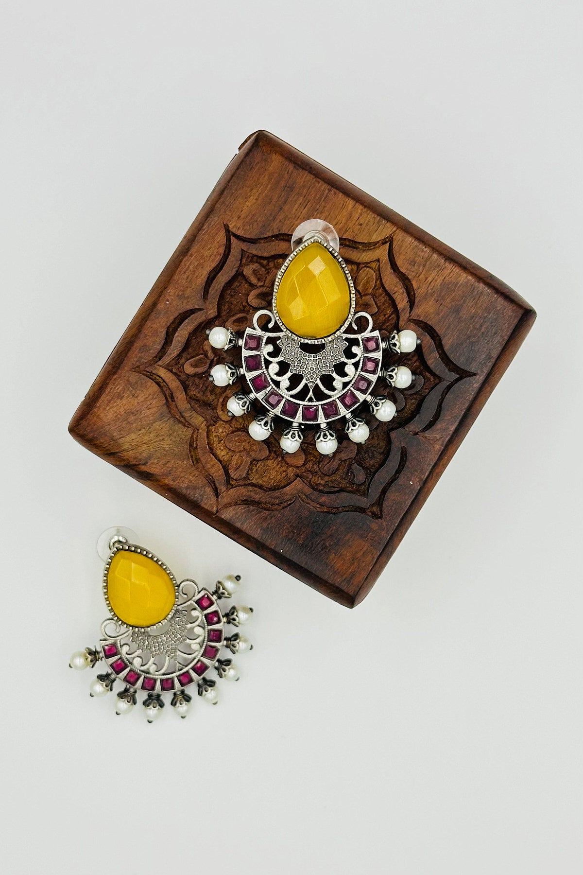 Silver Earrings Adorned with Intricate Red and Yellow Pearls and Stones - swadeshsouq.com