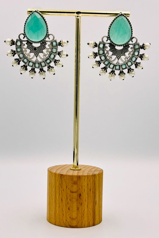 Silver Earrings Adorned with Intricate Turquoise Blue Pearls and Stones - swadeshsouq.com