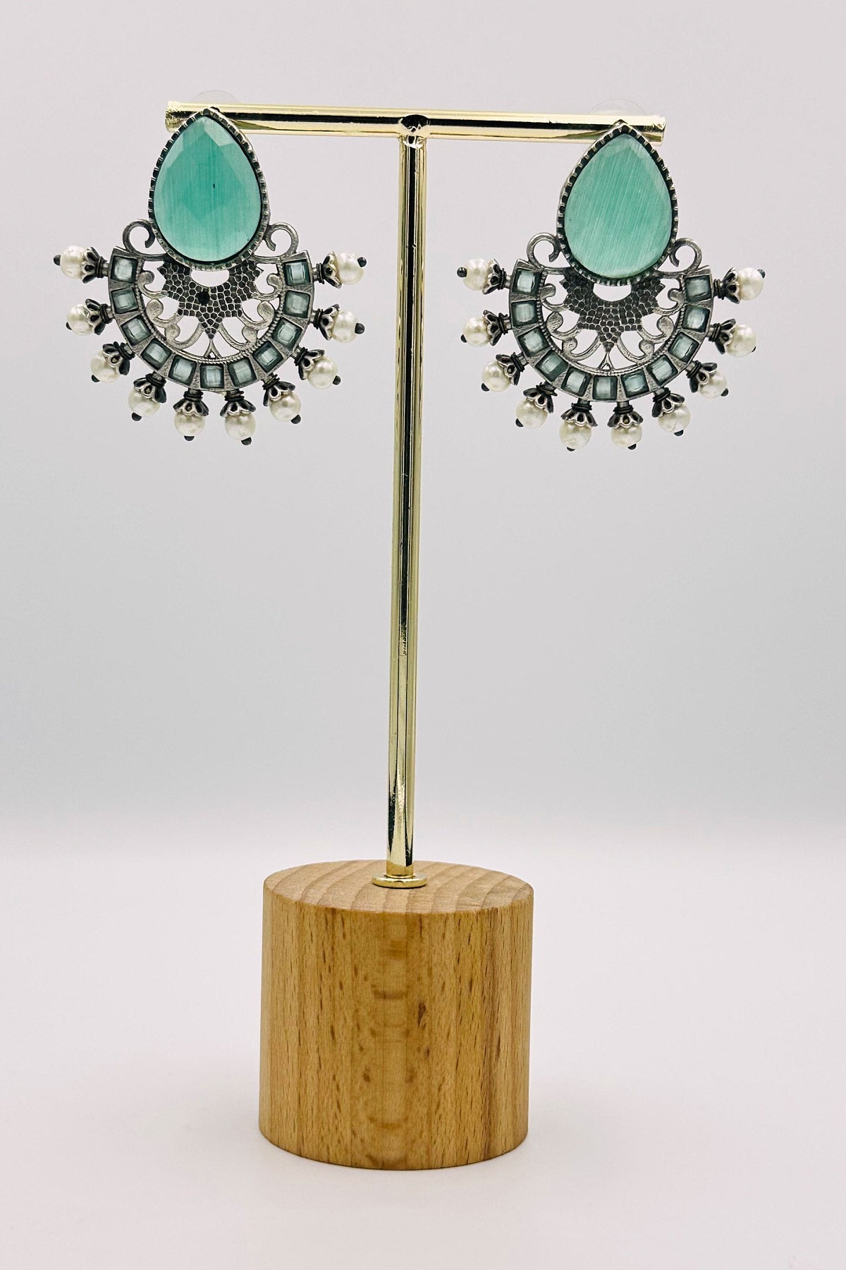 Silver Earrings Adorned with Intricate Turquoise Blue Pearls and Stones - swadeshsouq.com