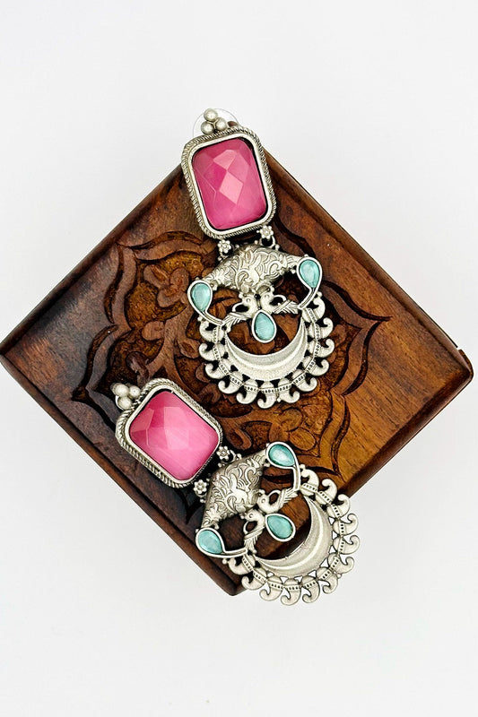 Silver Earrings Adorned with Pink and Blue Stones - swadeshsouq.com