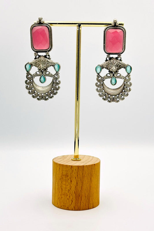 Silver Earrings Adorned with Pink and Blue Stones - swadeshsouq.com