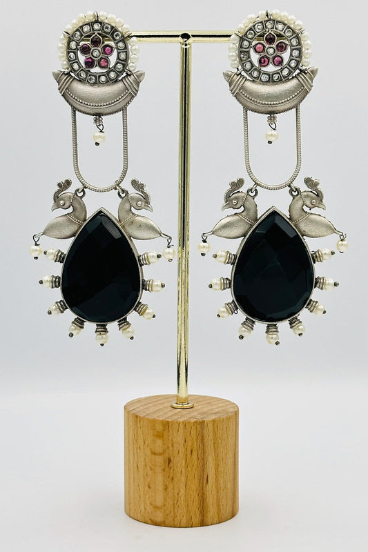 Silver Earrings Embellished with Exquisite Black Crystals - swadeshsouq.com