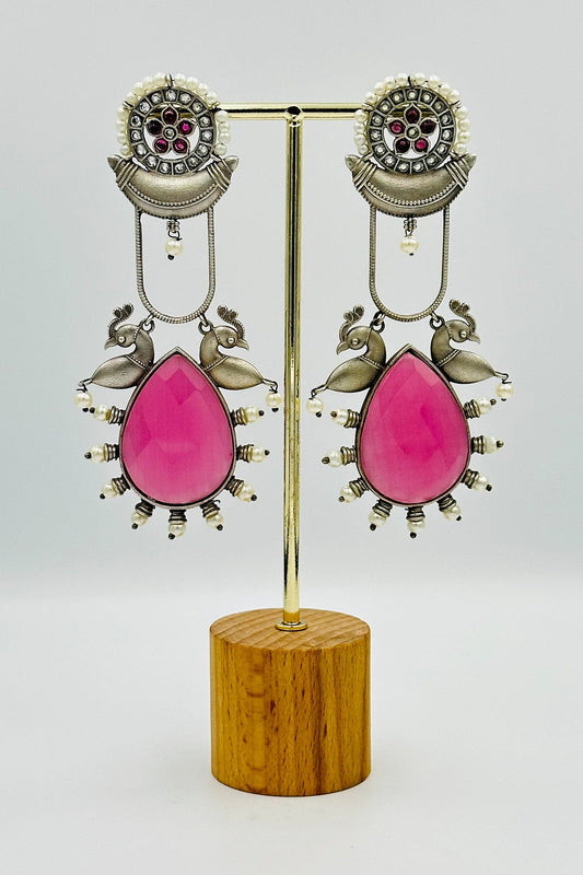 Silver Earrings Embellished with Exquisite Pink Crystals - swadeshsouq.com