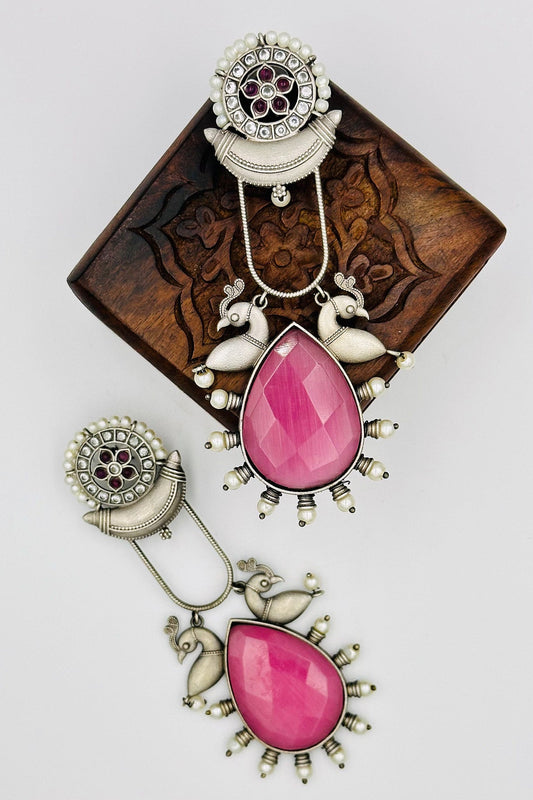 Silver Earrings Embellished with Exquisite Pink Crystals - swadeshsouq.com