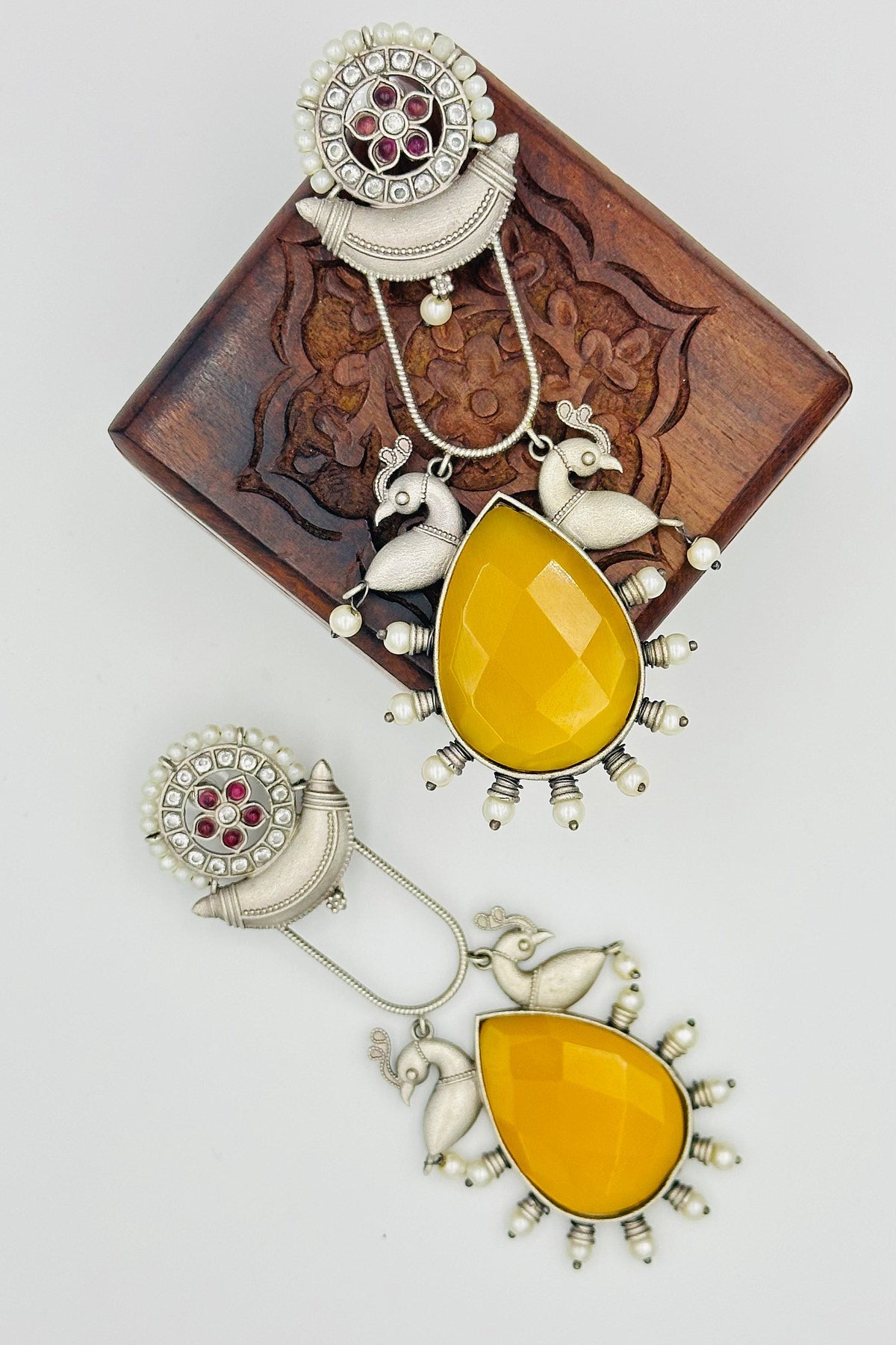 Silver Earrings Embellished with Exquisite Yellow Crystals - swadeshsouq.com