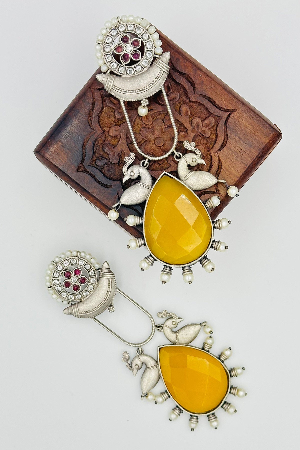 Silver Earrings Embellished with Exquisite Yellow Crystals - swadeshsouq.com